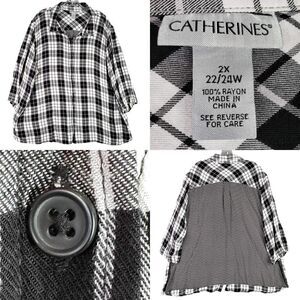 Catherines Top Button Up Womens Plus Size 2X Black White Plaid Mixed Print